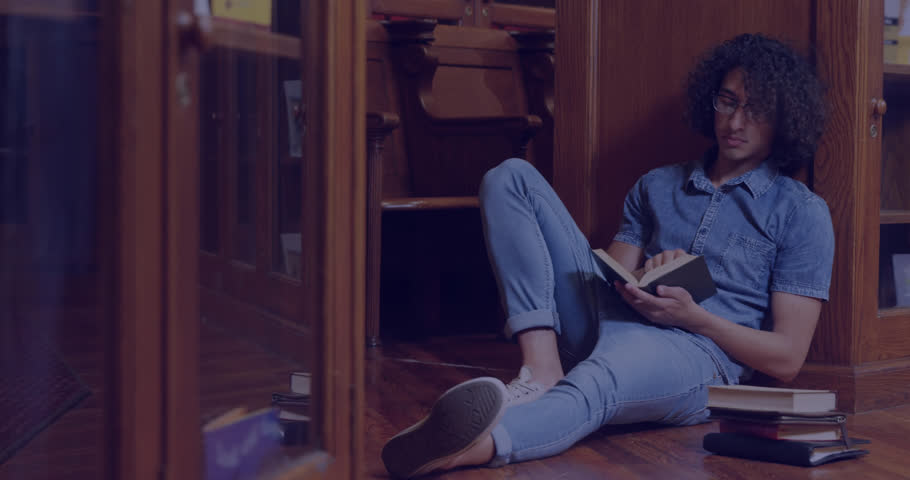 Animation of scientific data processing over biracial male student. Global education, learning, school, digital interface and data processing concept digitally generated video.