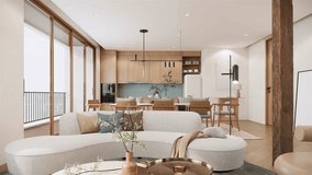 Modern living room interior design and decoration with white sofa in living area, dining table and wooden chairs, kitchen counter and cabinets. 4K video 3d rendering apartment room with balcony