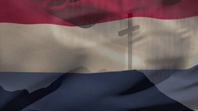 Animation of christian cross and flag of netherlands. Christianity, faith and religion concept digitally generated video.
