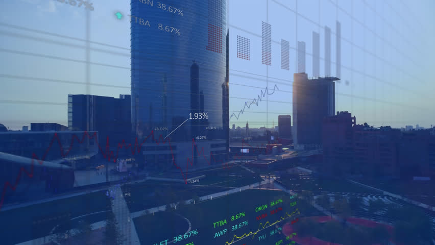 Animation of statistical and stock market data processing against aerial view of cityscape. Global economy and business data technology concept - Powered by Shutterstock - Get 15% off with code: PIKWIZARD15