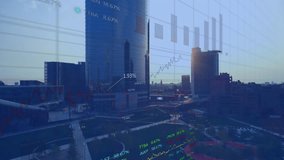 Animation of statistical and stock market data processing against aerial view of cityscape. Global economy and business data technology concept - Powered by Shutterstock - Get 15% off with code: PIKWIZARD15