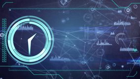 Animation of neon ticking clock and data processing over grid network against blue background. Computer interface and business technology concept - Powered by Shutterstock - Get 15% off with code: PIKWIZARD15