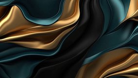 Tteal and gold liquid motion video background, colored layered forms, wave paper cut, multi-layered color fields, multilayered folding graphics, sculptural paper fluid with slow dissolving effect