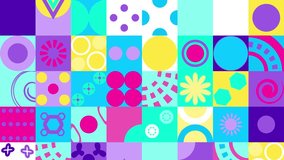 Geometric pattern loop. Circles, squares animation. Modernist abstract background. Bauhaus Design style. Blue, white, pink, purple, yellow and Multicolor