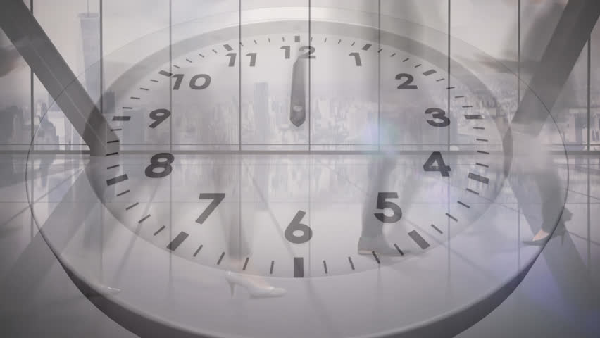 Animation of ticking clock against time-lapse of low section of businesspeople walking at office. Computer interface and business technology concept