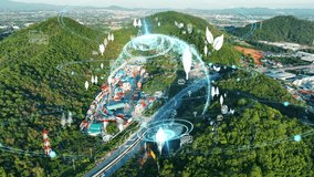 Icon representing the ecological green transportation. Cargo Container yard next the road and surrounded by mountains , forklift truck and cargo at depot working shipping green logistics  - Powered by Shutterstock - Get 15% off with code: PIKWIZARD15