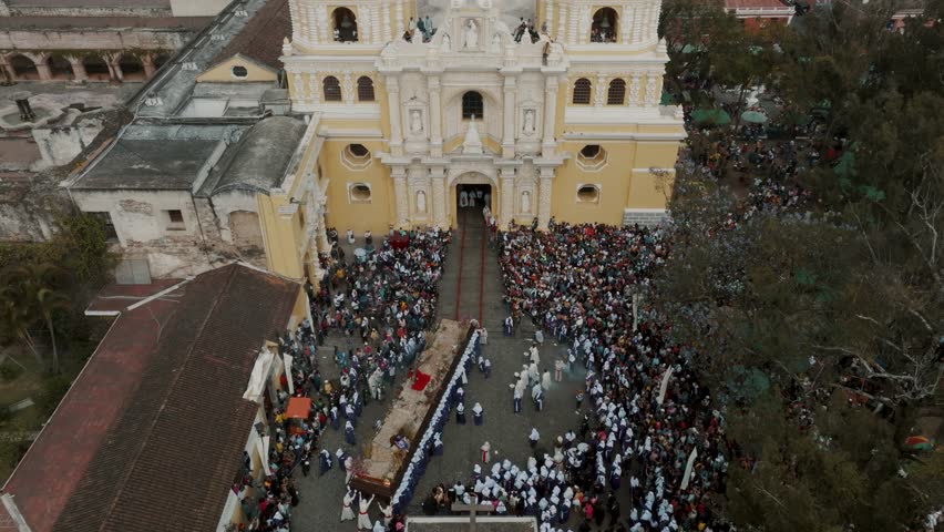 Traditional Easter Sunday Processions In The City Of Antigua, Guatemala. Aerial Wide Shot Royalty-Free Stock Footage #1103750855