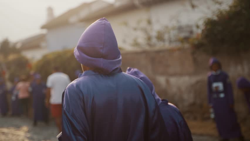 Guatemalans In Tunica During The Easter Sunday Semana Santa In Antigua, Guatemala, Central America. Slow Motion