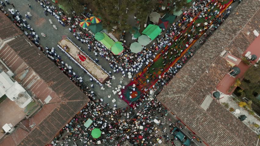 Good Friday Procession In Antigua, Guatemala - aerial top down Royalty-Free Stock Footage #1103751055