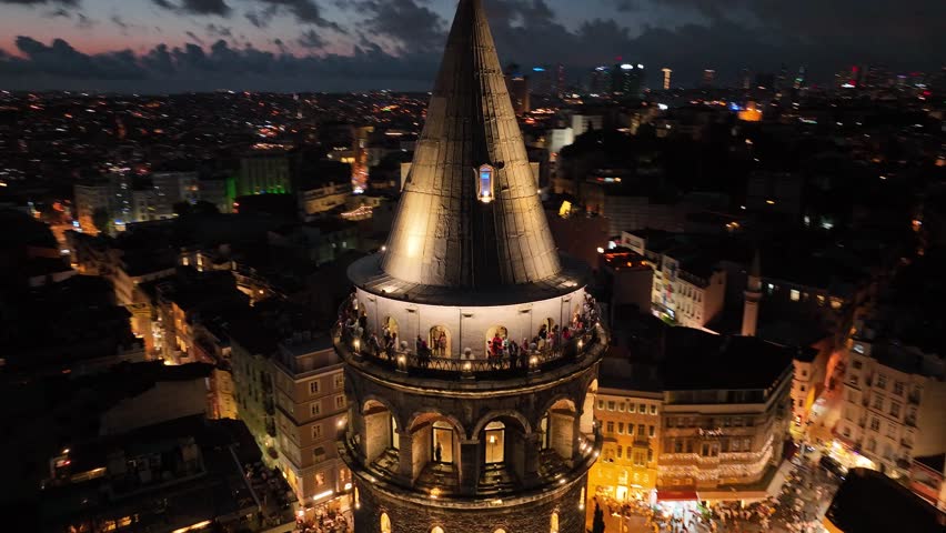Galata tower aerial view. sunset and night view of istanbul galata tower Royalty-Free Stock Footage #1103751577