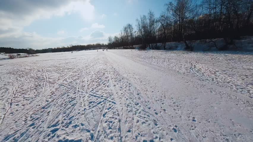 Nizhny Novgorod, Russia, January 31, 2023. FPV shooting of skiers, aerial shooting of skiers, cross-country skiing