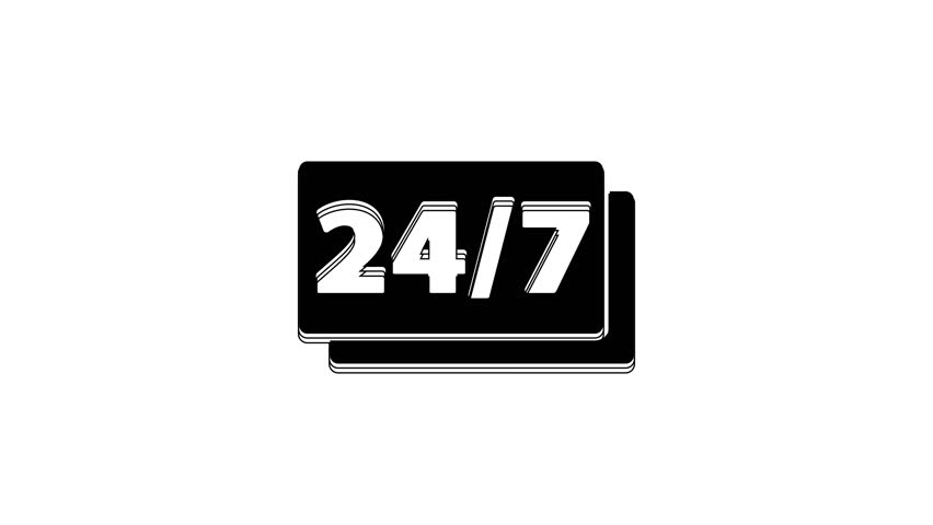 Black Clock 24 hours icon isolated on white background. All day cyclic icon. 24 hours service symbol. 4K Video motion graphic animation.