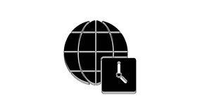 Black World time icon isolated on white background. Clock and globe. 4K Video motion graphic animation.