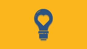 Blue Heart shape in a light bulb icon isolated on orange background. Love symbol. Valentine day symbol. 4K Video motion graphic animation.