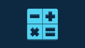 Blue Calculator icon isolated on blue background. Accounting symbol. Business calculations mathematics education and finance. 4K Video motion graphic animation.