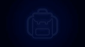 Glowing neon line Hiking backpack icon isolated on black background. Camping and mountain exploring backpack. 4K Video motion graphic animation.