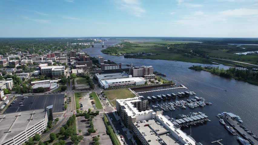 Aerial views from over downtown Wilmington, North Carolina.
