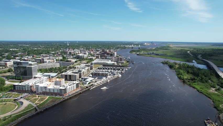 Aerial views from over downtown Wilmington, North Carolina.