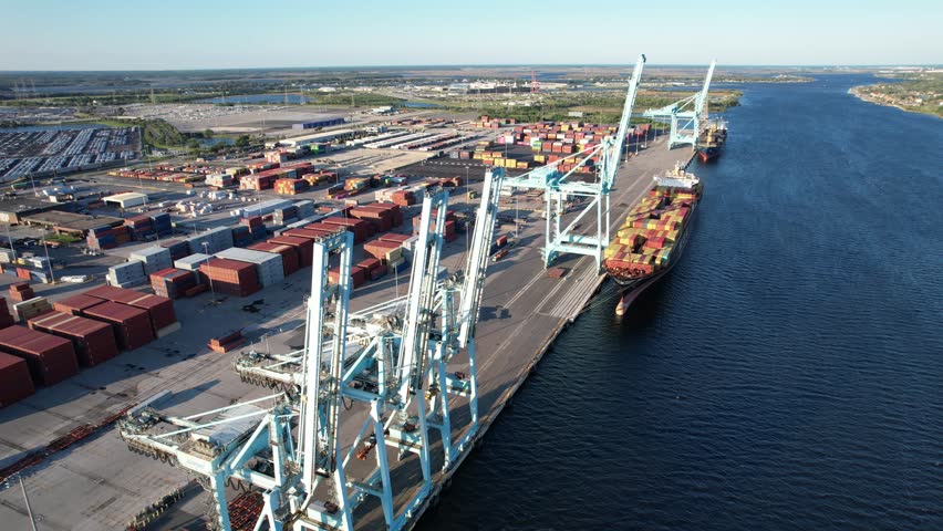 Aerial views from over the port of Jacksonville Florida, also known as Jax Port, in North East Florida.