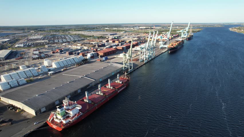 Aerial views from over the port of Jacksonville Florida, also known as Jax Port, in North East Florida.