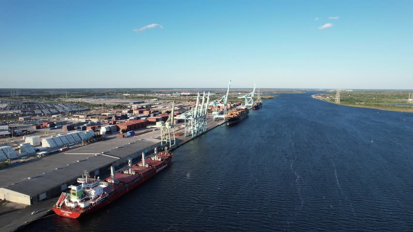 Aerial views from over the port of Jacksonville Florida, also known as Jax Port, in North East Florida.