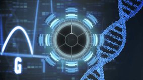 Animation of neon round scanner, spinning dna structure, heart monitor against blue mosaic squares. Medical research and science technology concept - Powered by Shutterstock - Get 15% off with code: PIKWIZARD15