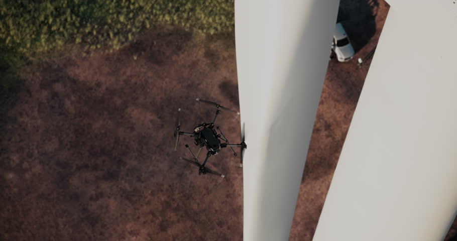 AERIAL Industrial drone flying near wind turbine, gathering video data for inspection and service Royalty-Free Stock Footage #1103754199