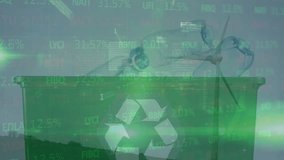 Animation of financial data processing over wind turbine and recycling box. Global wind energy, environment, business, computing and data processing concept digitally generated video. - Powered by Shutterstock - Get 15% off with code: PIKWIZARD15