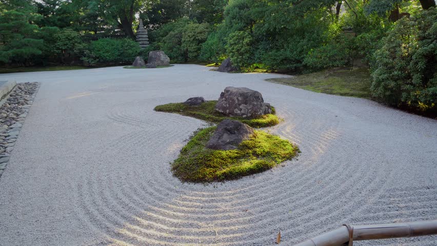 The stone gardens of Kennin ji Buddhist Temple in Kyoto, Japan. The large stones imitate the islands and the small ones the undulating water of the sea.
