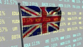 Animation of stock market data processing over waving uk flag against grey background. National economy and business technology concept - Powered by Shutterstock - Get 15% off with code: PIKWIZARD15