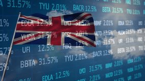 Animation of stock market data processing over waving uk flag against clouds in the blue sky. National economy and business technology concept - Powered by Shutterstock - Get 15% off with code: PIKWIZARD15
