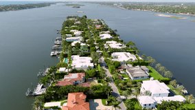 Aerial video luxury mansion homes on Everglades Island Palm Beach FL circa 2023