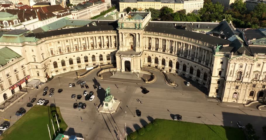 Vienna, Austria. Hofburg Palace. Prince Eugen. Flight over the city of Vienna. Aerial View of Imperial Palace Hofburg and Statue of Prince Eugene of Savoy, Vienna Wien, Austria.
