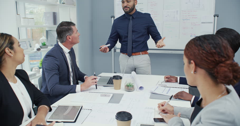 Applause, presentation and business people in meeting in office for coaching, workshop or seminar. Leader, happy and group of employees clapping for gratitude, success and thank you in boardroom. Royalty-Free Stock Footage #1103761599
