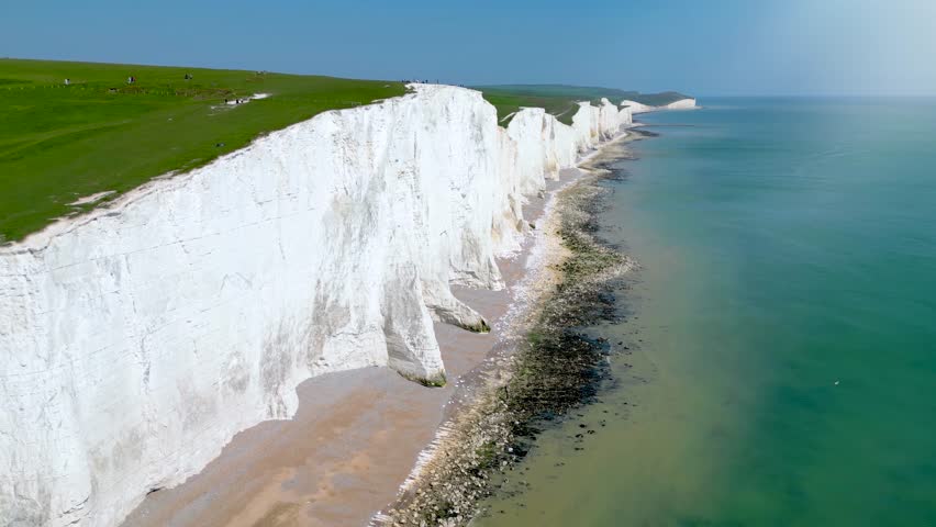 Beautiful aerial view over the famous, white cliffs of The Seven Sisters near Dover, south coast of England. East Sussex
