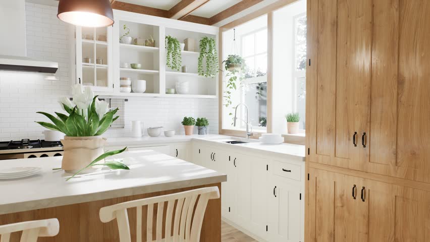The interior of a large U-shaped kitchen with a wooden front and a large island. Stylish, cozy kitchen with appliances and plants with sun rays. 3d rendering. 3D Illustration Royalty-Free Stock Footage #1103773965