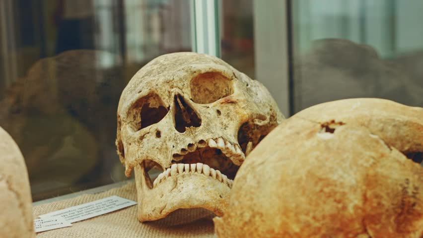 Contour and smoke of Human skull in a showcase. Ancient horror shop. Scary museum bones