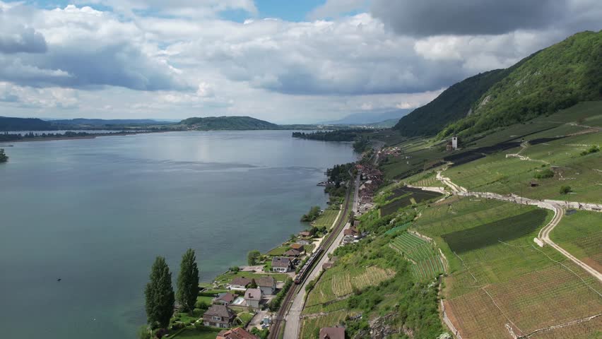From Twann to Ligerz. Drone flight above the vineyard. Chasing the bullet train. Swiss Jura. Lake of Bienne