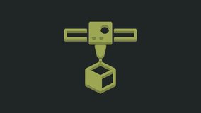 Green 3D printer cube icon isolated on black background. 3d printing. 4K Video motion graphic animation.