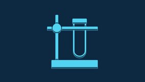 Blue Glass test tube flask on stand icon isolated on blue background. Laboratory equipment. 4K Video motion graphic animation.