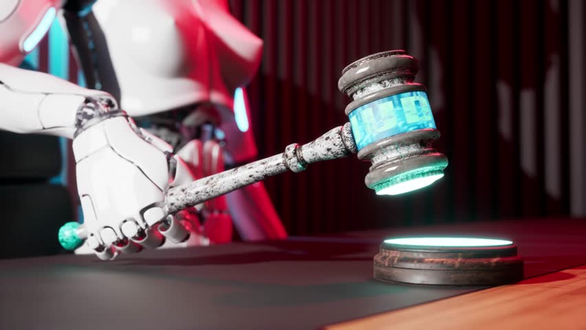3d render animation of robot hand with hammer of justice and glowing neons futuristic video with blurred background Royalty-Free Stock Footage #1103789529
