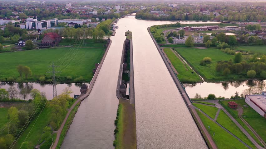 Aerial view of Minden Water Bridge over Weser River, Mittellandkanal, Minden, Germany. High quality 4k footage
