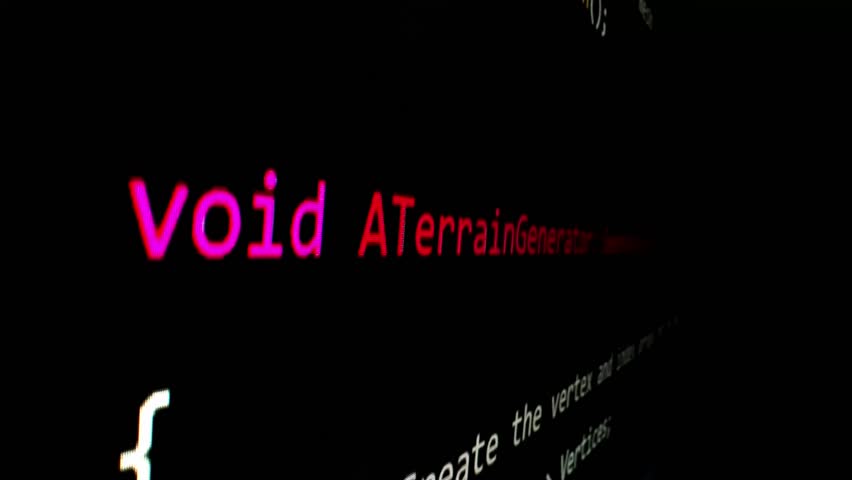 Closeup macro shot movement of coding script moving across LED screen with real-time AI-generated typing, showcasing advanced AI learning in optimization, debug and coding for software development.