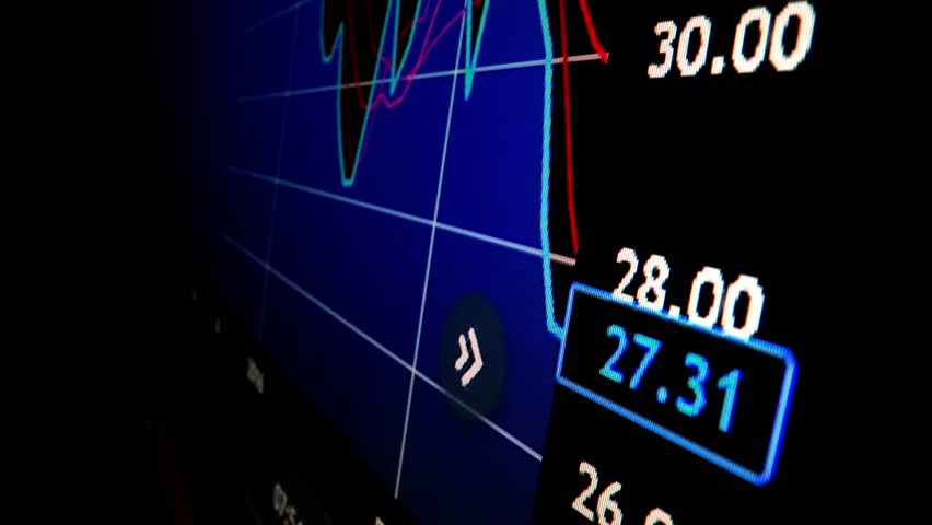 Closeup macro shot movement of stock graph displayed on LED screen showing growth chart as economic boom or bull market point concept. Positive stock market exchange suitable for financial investment. Royalty-Free Stock Footage #1103793887