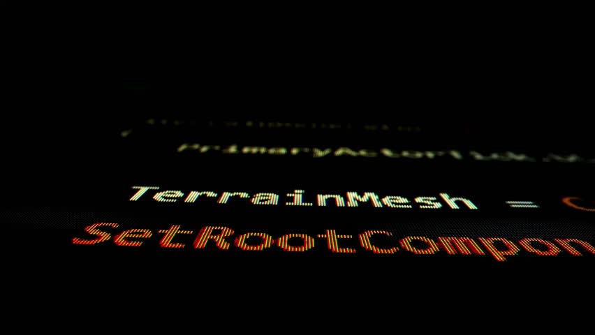 Closeup macro shot movement of coding script moving across LED screen with real-time AI-generated typing, showcasing advanced AI learning in optimization, debug and coding for software development.