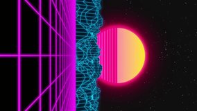 Vertical 3d animation of futuristic 80s Dynamic Synthwave retro style night ride - wireframe - motion design background