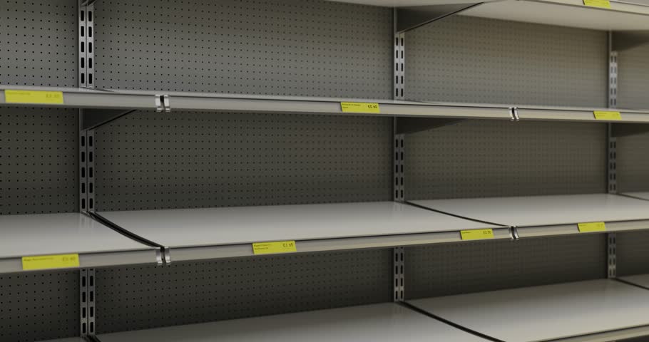 Infinity loop of grey empty supermarket shelves, with yellow price badges and red 'OUT OF STOCK' notice. This is a 3D render inspired by photos of London grocery stores after panic buying. Royalty-Free Stock Footage #1103794139