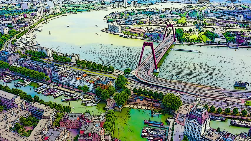 Rotterdam, Netherlands. The Willemsbrug, a red cable-stayed bridge spanning the Nieuwe Maas River, dominates the aerial view with its distinctive twin red pylons and fan-like cable arrangement. The bridge curves gently across the water, connecting the northern city center to the Noordereiland and southern districts, with its approach ramps making sharp 90-degree turns to preserve surrounding neighborhoods. The surrounding cityscape features a mix of historic and modern buildings, tree-lined quays, and boats navigating the river below. The illustration style renders the scene with bold outlines and saturated colors, giving the urban landscape a vibrant, graphic-novel quality. Daylight illuminates the composition, highlighting the contrast between the deep red bridge structure, the greenish-blue water, and the varied architecture along both riverbanks. The overhead perspective captures the full span of the crossing and its integration into Rotterdam