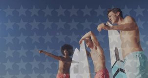 Animation of diverse friends on beach with surfboards and stars of flag of usa. American patriotism, independence, tradition and celebration concept digitally generated video.