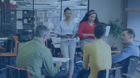 Animation of network of profile icons over diverse team of colleagues discussing together at office. Global networking and business technology concept - Powered by Shutterstock - Get 15% off with code: PIKWIZARD15